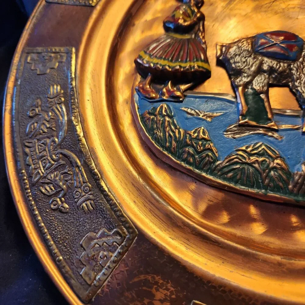 Vintage Peru Copper Metal Decorative Plate Handpainted